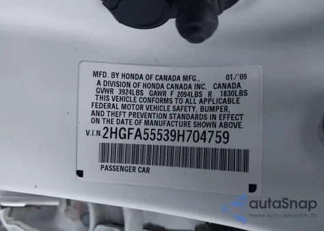 2009 Honda Civic Si z USA, uszkodzony, nr VIN 2HGFA55539H704759